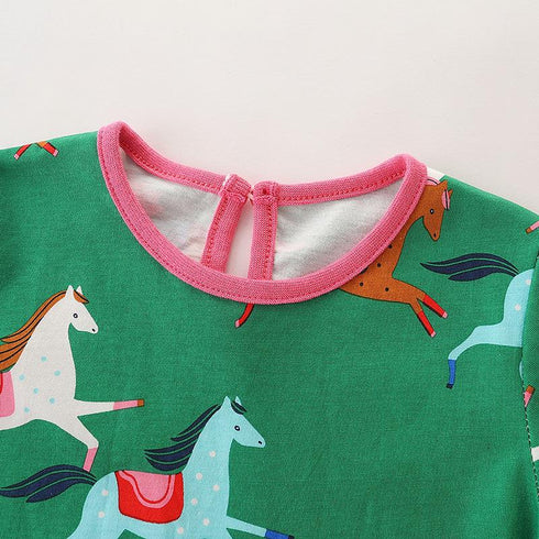Autumn New Girl Dress European And American Style Cartoon Printing Princess Dress Knitted Cotton Pocket Children's Dress